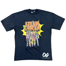 Load image into Gallery viewer, Black t-shirt with colorful graphic design on a beige carpet