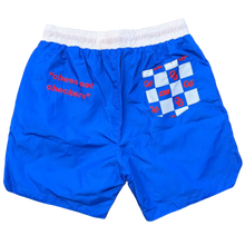 Load image into Gallery viewer, Blue shorts with a checkered pattern and text on a carpeted floor