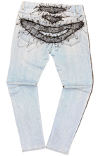 Load image into Gallery viewer, light blue denim with custom design on back.