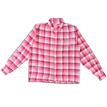 Load image into Gallery viewer, Pink and white plaid shirt on a black background
