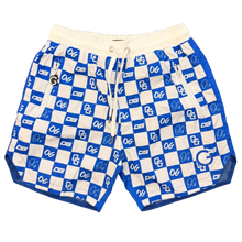 Load image into Gallery viewer, Blue and white checkered shorts with logos on a brown carpet
