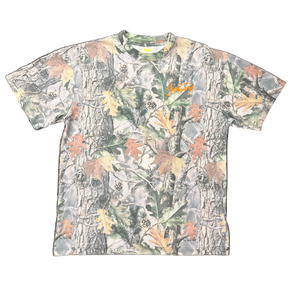 Camouflage-patterned t-shirt with a brand logo on a black background