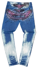 Load image into Gallery viewer, Blue denim jeans with a AIRBRUSHED DESIGN.
