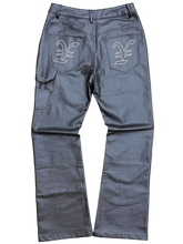 Load image into Gallery viewer, BLACK LEATHER PANT WITH LOGOS ON BACK POCKETS.
