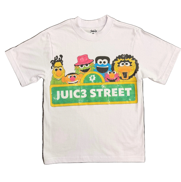 White t-shirt with colorful cartoon characters and 'Juic3 Street' text on a white background