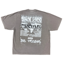 Load image into Gallery viewer, Back view of Touring gray cotton graphic T-shirt with bold white artwork
